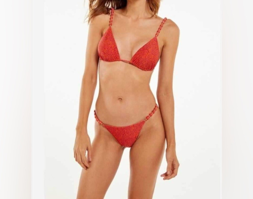 VIX Paula Hermanny Beads Bikini Tri Parallel Top Sz S Cheeky Bottom Sz M Red New